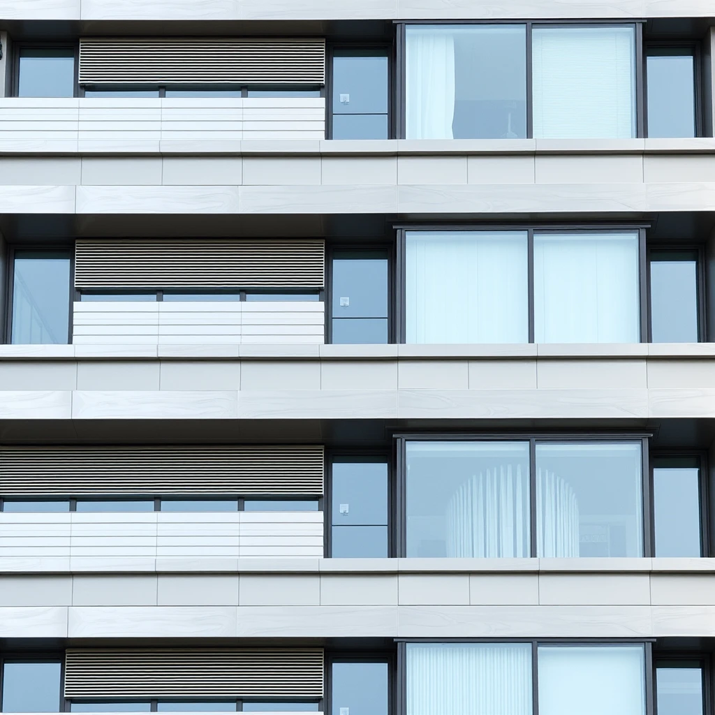 A 5-story office building with varied massing, featuring horizontal silver-gray metal lines on the façade, with dimensions of 100mm x 400mm. - Image