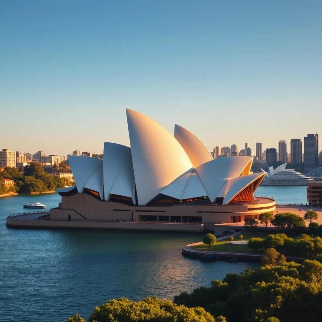 (Sydney Opera House:1.5) iconic architecture, (white sail-like roofs:1.4) against a clear blue sky, reflected in the tranquil waters of Sydney Harbour, surrounded by lush greenery, (vibrant city skyline:1.2) in the background, golden hour lighting casting a warm glow, (high detail:1.3), (cinematic:1.1), inspired by architectural photography.