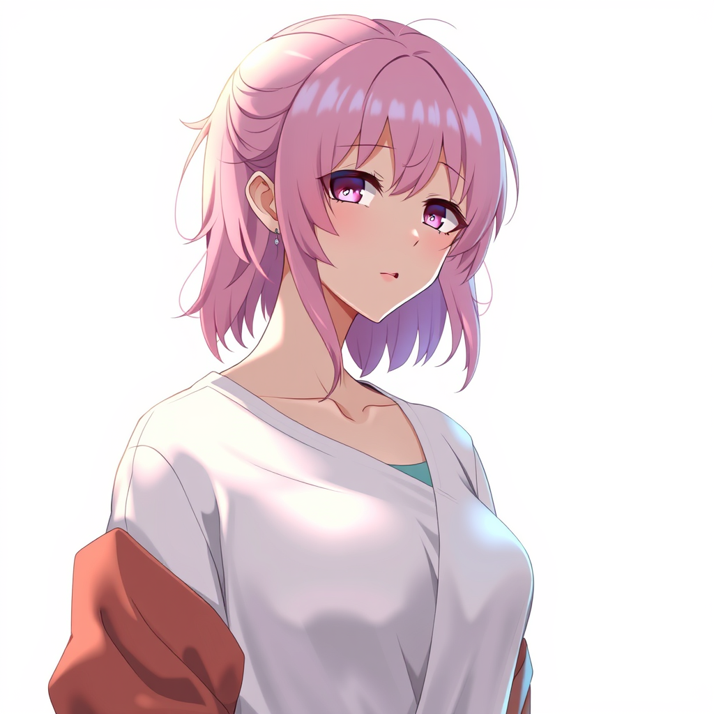 Anime art of a motherly woman, pink hair, clothes, natural reflective, detailed body, standing, white background, stunning details, trending on artstation, anime artwork, illustration quality, danbooru image.