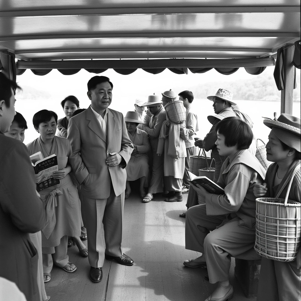 A black and white photo from the 1960s shows people chatting on a riverboat in Jiang, Sichuan Province, China. Among them is a very thin middle-aged male teacher wearing a Zhongshan suit, along with a high school boy holding a book. There are also many farmers carrying bamboo baskets on their backs. Everyone looks very thin and is wearing rural clothing. - Image