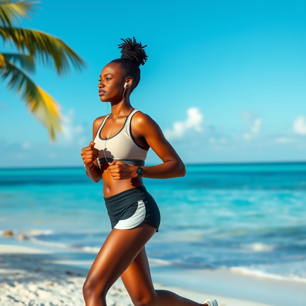 A young black woman jogging on a beach in the Bahamas listening to a podcast on her earbuds.