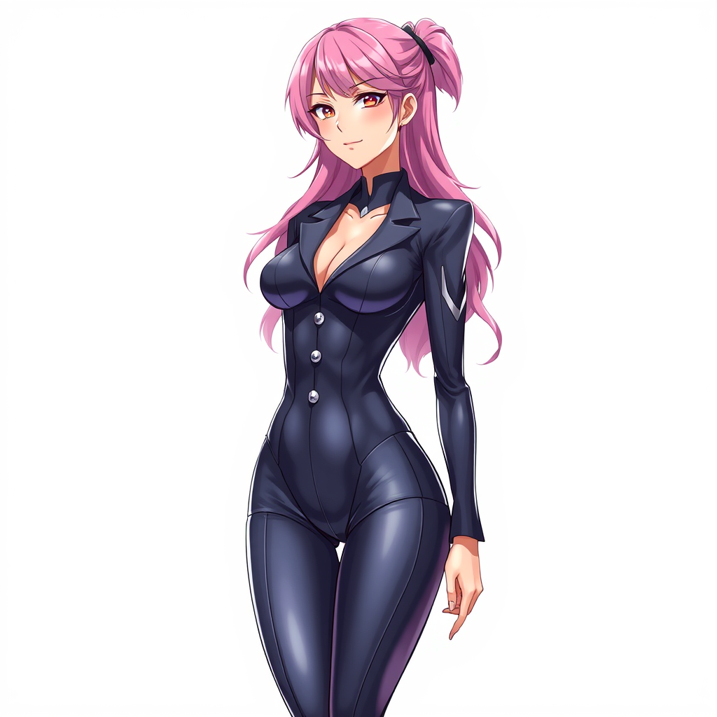 Anime art of a motherly woman, pink hair, tight body suit, reflection on the suit, detailed body, standing, white background, stunning details, trending on ArtStation, anime artwork, anime cel shading - Image