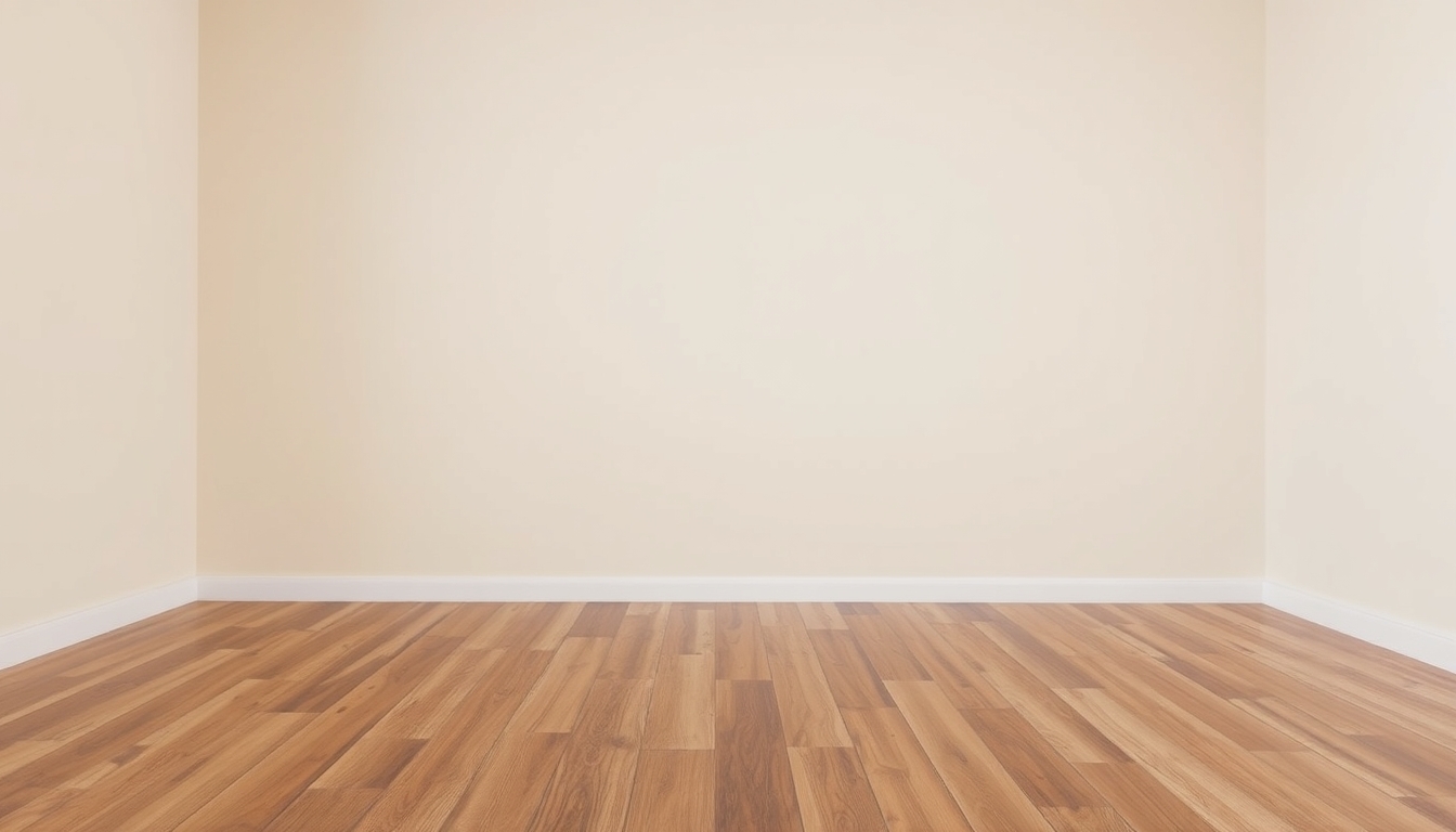 An unfurnished room featuring a hardwood floor with a wood stain finish and a plain beige wall, creating a serene horizon-like landscape.