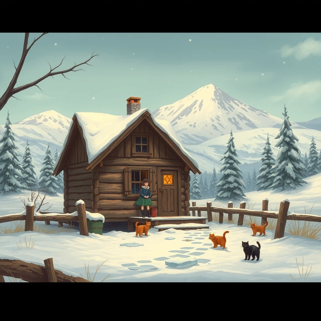 In a place where it snows and freezes, there is a wooden cabin, girl students in skirts, and cats.