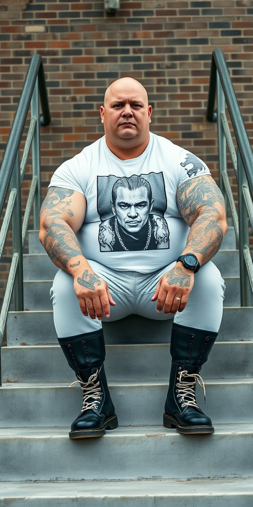 Prompt: a portrait-style photograph featuring an extremely huge 50-year-old muscular, beefy, stocky, male skinhead sitting on a set of concrete stairs. He has a bald head, light skin, and is wearing a white t-shirt with a black and white graphic print of a person on it. His huge muscular arms are heavily tattooed with intricate designs. He is also wearing tight bleached denim trousers that highlight their huge, muscular legs and black knee-high Dr. Martens boots with white laces. The background consists of a brick wall and metal handrails on either side of the stairs. The overall setting appears to be industrial.