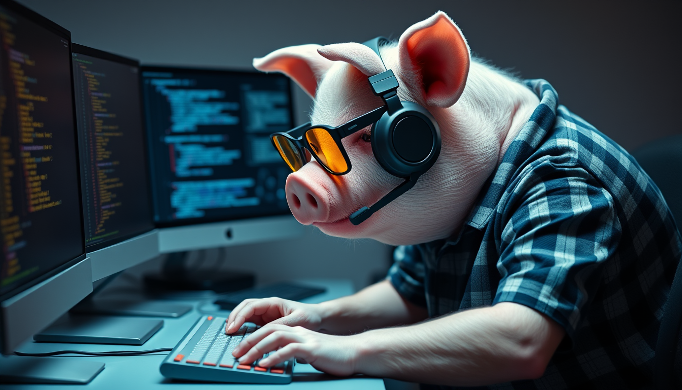 A tech-savvy pig coder, wearing yellow-tinted glasses and sleek noise-cancelling headphones, hunches over a cutting-edge multi-monitor setup. The anthropomorphic pig exudes focus, typing furiously. Dressed in a plaid t-shirt.