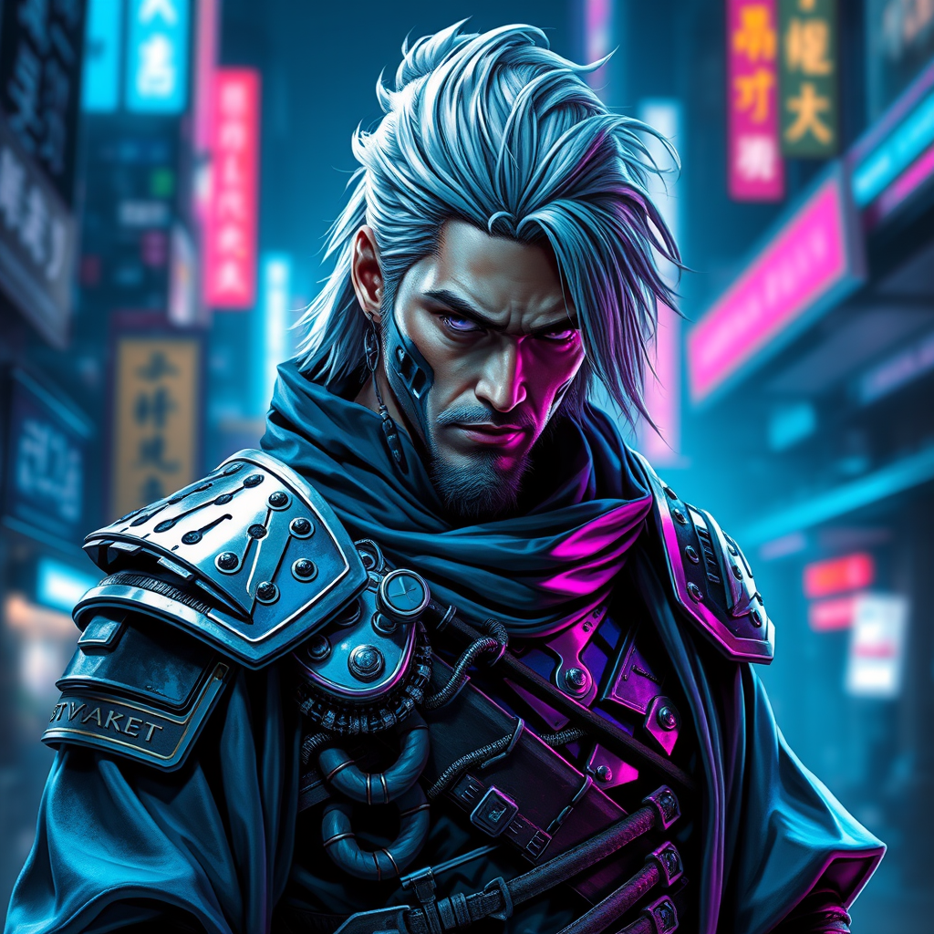 Cyber Samurai style of male warrior with rugged silver hair and cybernetic implants | merging traditional samurai armor with futuristic cyberpunk elements | flowing robes and high-tech armor plating | neon-lit urban background | in metallic blue and electric purple.