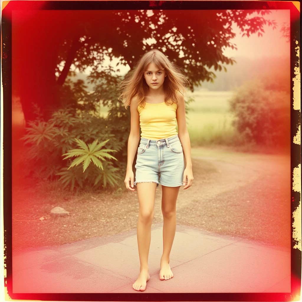 Barefoot teenage angry woman, 1970s, Polaroid - Image