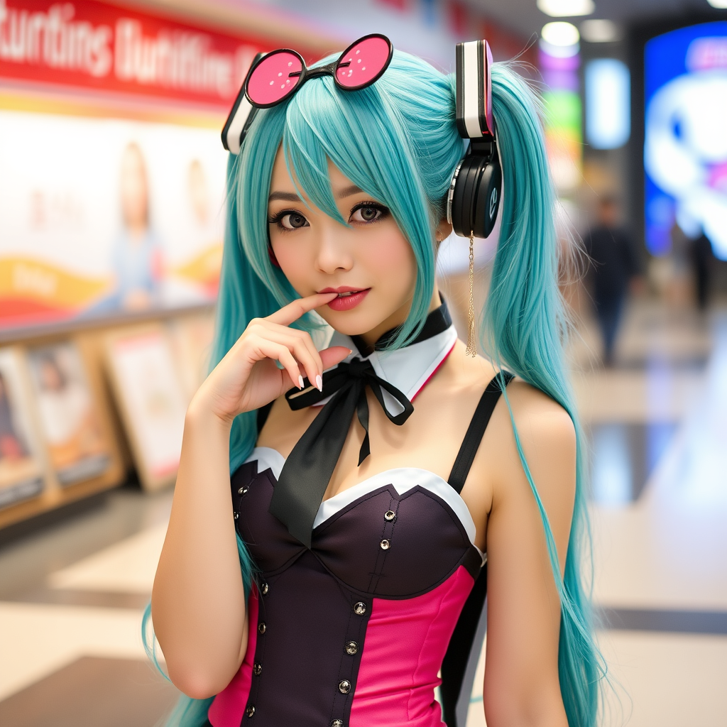 slim japanese woman cosplaying hatsune miku