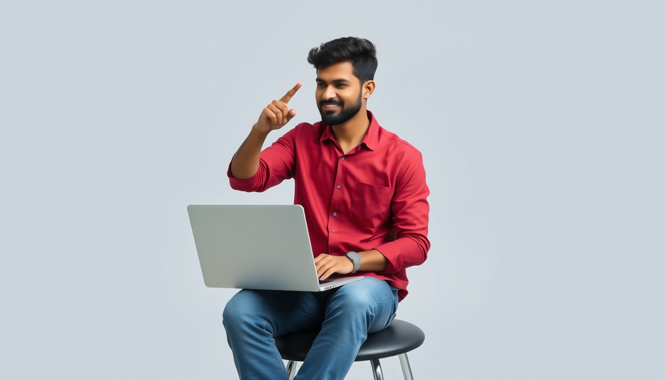 Full body young Indian IT man wearing a red shirt and casual clothes sits and works on his laptop, pointing his finger to the side in a plain grey color studio background. Lifestyle concept.