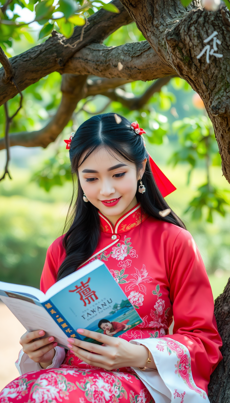 A Chinese beauty is reading a book under a tree.