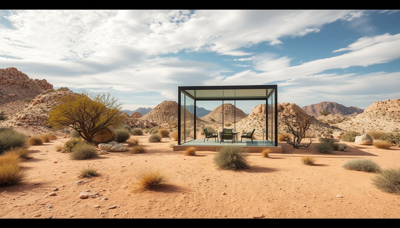 A dramatic desert landscape with a glass pavilion offering shade and shelter. - Image