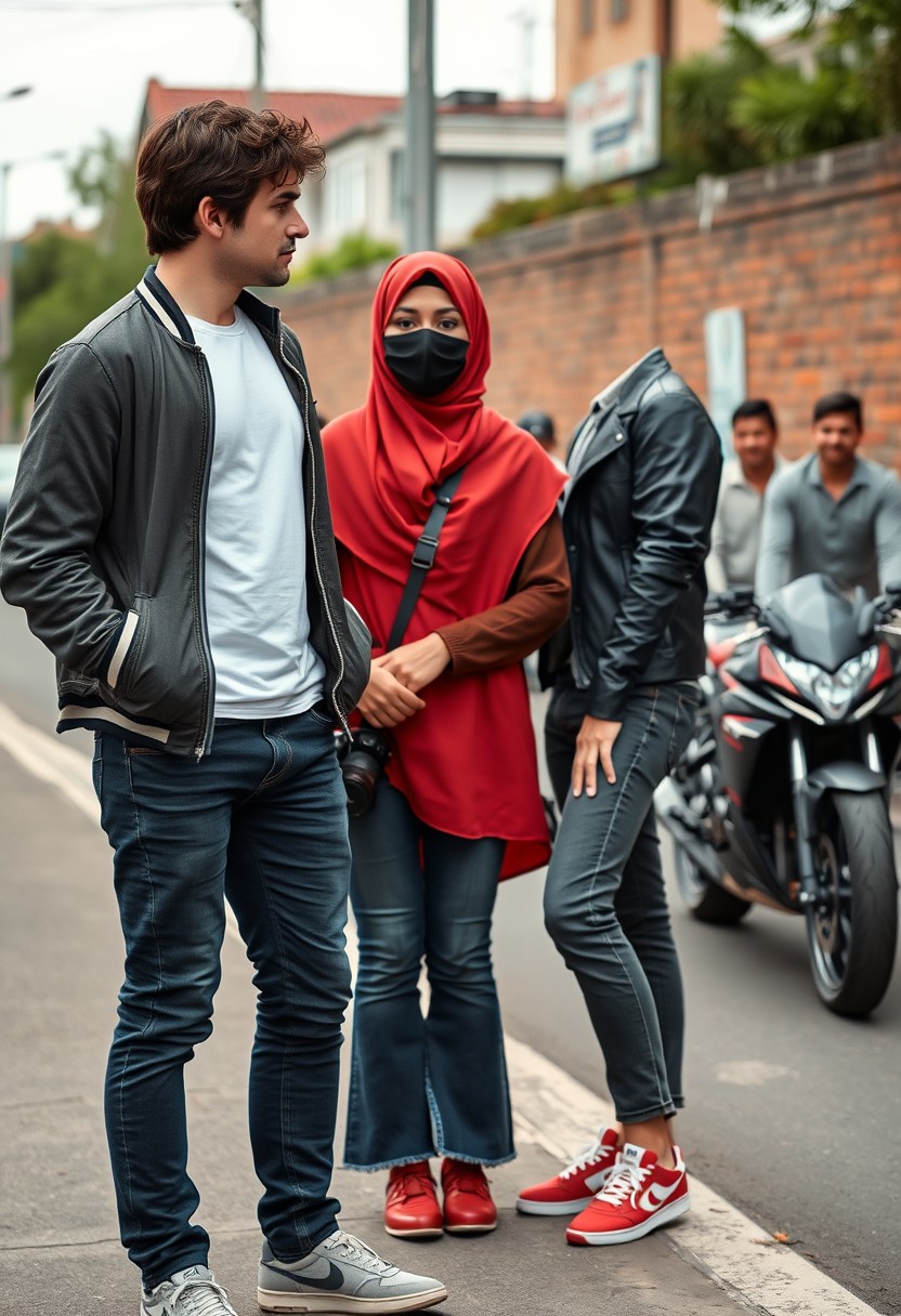 Jamie Dornan and Freddie Prinze, head and body shot, handsome, young, serious face, dark brown hair, white t-shirt, college jacket, skinny jeans, sneakers, standing, discussing with two guys and a short slim Muslim girl in a red hijab, beautiful eyes, black face mask, black leather jacket, grey long t-shirt, bell-bottom jeans, red sneakers, holding a Canon DSLR camera, near a town road, superbike, hyper-realistic, street photography, brick wall, full body photo, five other random white people smiling in the background. - Image