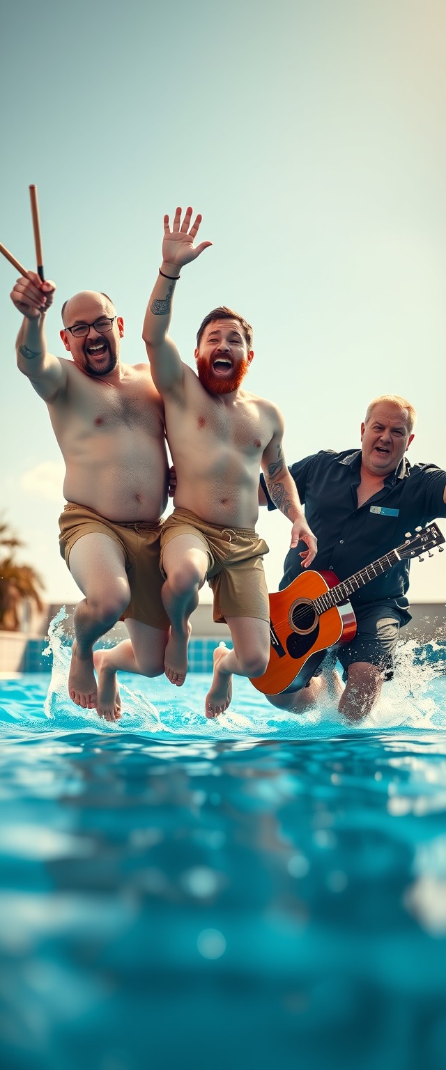 A funny photo of three men in swimsuits jumping into a pool while shouting captures the moment they are in the air from a low-angle shot from the water. The first one is 52 years old, tall at 1.90 meters, bald with glasses, and has fair skin, slim but with a prominent belly, and a large tattoo on his left arm. He is holding drumsticks in one hand. The second man is 27 years old and two meters tall, has many small tattoos all over his body, a little red beard, and short hair, has fair skin, and is holding an acoustic guitar in one hand. The third man is 57 years old, also 1.90 meters tall, has short hair, fair skin, a bit of a belly, and is wearing a dark shirt with a patch. It’s summer lighting, with funny expressions and bokeh.