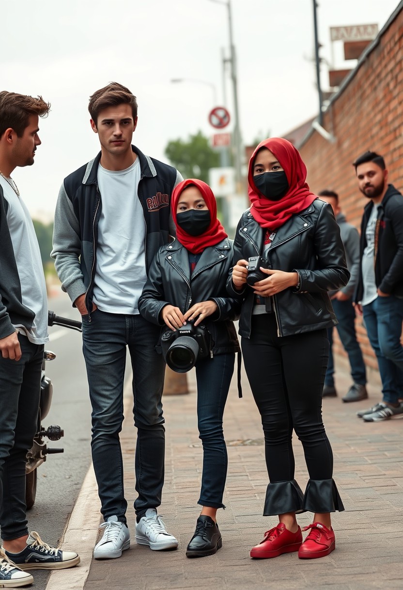 Jamie Dornan and Freddie Prinze, head and body shot, handsome, young, serious face, dark brown hair, white T-shirt, college jacket, skinny jeans, sneakers, standing, discussing with two guys and a young Muslim girl with a short red hijab, beautiful eyes, black face mask, black leather jacket, bell-bottom jeans, red sneakers, holding a Canon DSLR camera, near a town road, superbike, hyper-realistic, street photography, brick wall, full body photo, with three other random friends in the background.