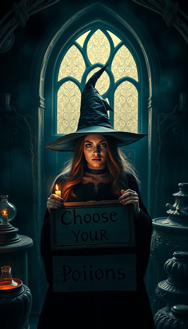 A beautiful witch in her dark home, holding a sign saying "Choose your Poions", photorealistic.