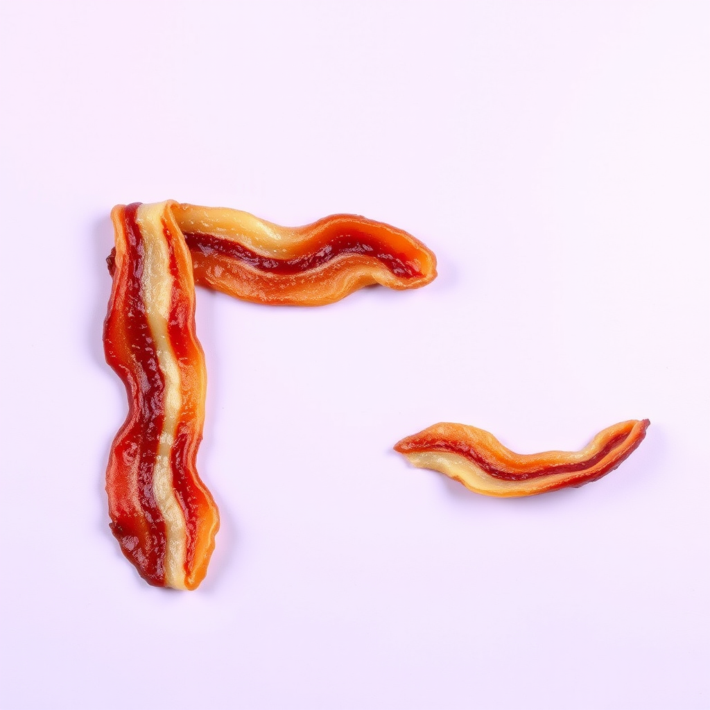 A letter "F" made of fried bacon in a light purple background, realistic photograph. - Image