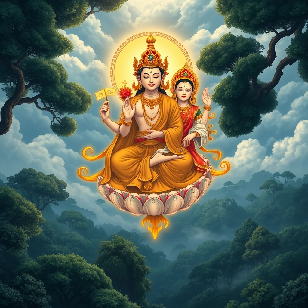 An image of Vajrasattva with consort in union, Studio Ghibli style HD, flying above an Indian forest. - Image