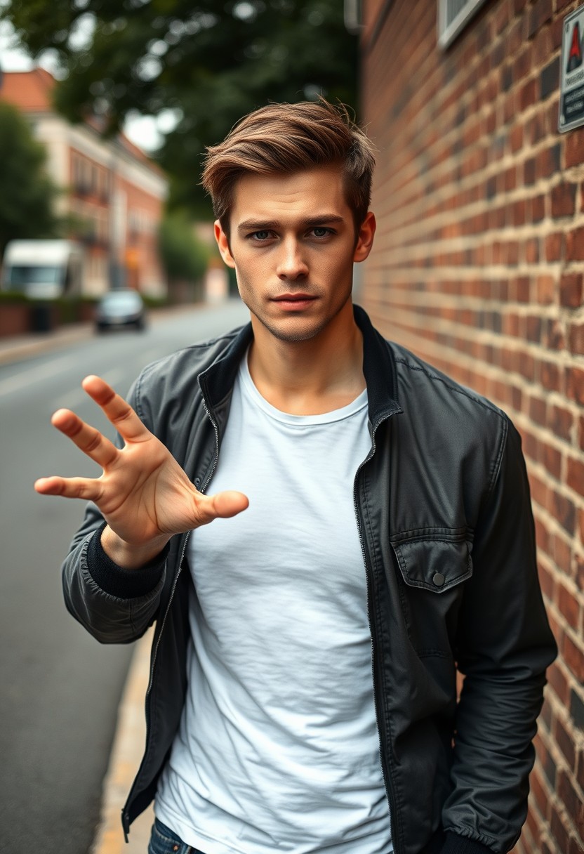 Jamie Dornan head and body shot, handsome, young, serious face, dark brown hair, white T-shirt, collage jacket, skinny jeans, sneakers, standing hot style, flirting face, reaching hand, near town road, hyper-realistic, street photography, brick wall, full body photo. - Image