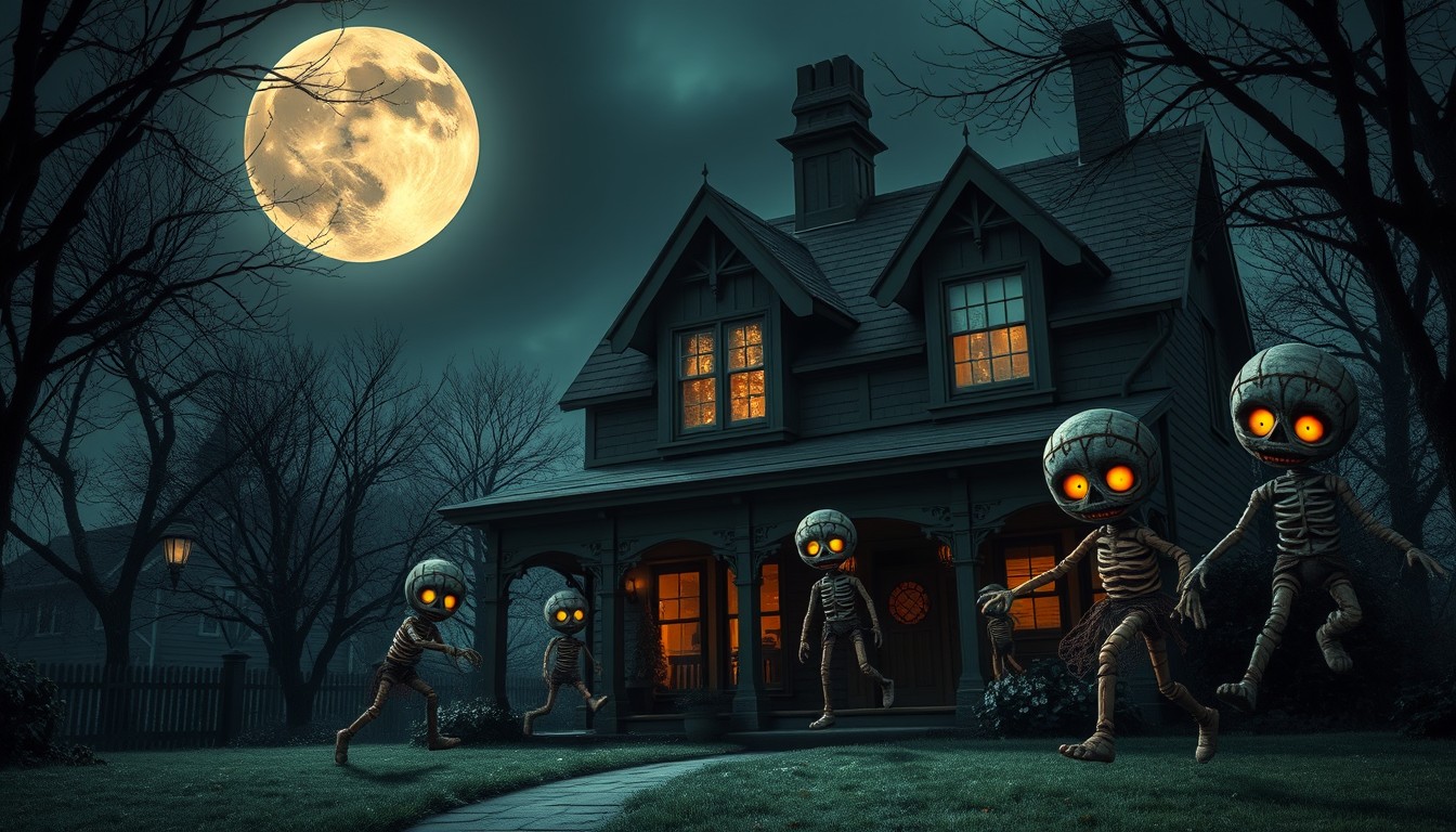 A hauntingly beautiful full moon ascends over a quaint, Victorian-era family home, casting long, ominous shadows. The home, once a symbol of warmth and comfort, now houses patchwork mummified zombie dolls that have come to life. Each doll, a unique blend of adorable and eerie, scampers and shambles through the house, their stitched-together features eerily illuminated by the moonlight filtering through the window. The dolls, once cherished toys, now embody a chilling threat, their eyes glowing with an unsettling hunger that echoes the moon's cold, haunting light.