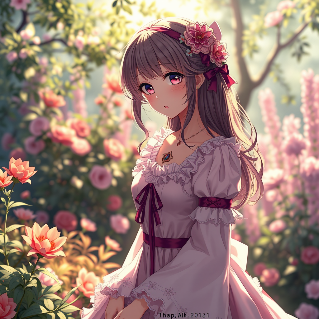 Anime art of a motherly woman, beautiful, frilly dress, detailed scene, stunning details, trending on artstation, garden, ray-traced environment, anime artwork.