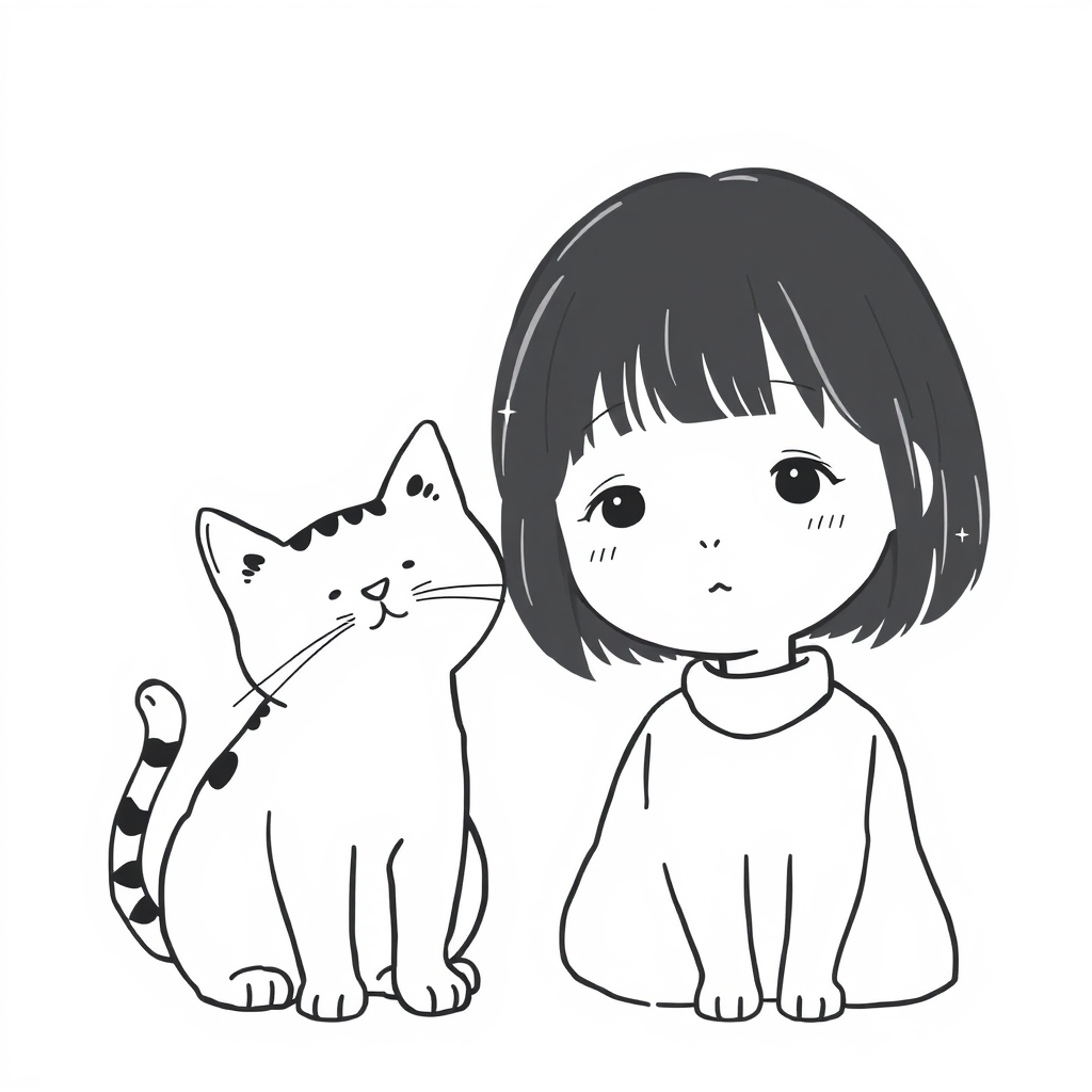 A girl and a cat in black and white, in the style of Japanese minimalism, children's book illustrations, loose linework, rounded, white and black, dignified poses, normcore, a color picture.