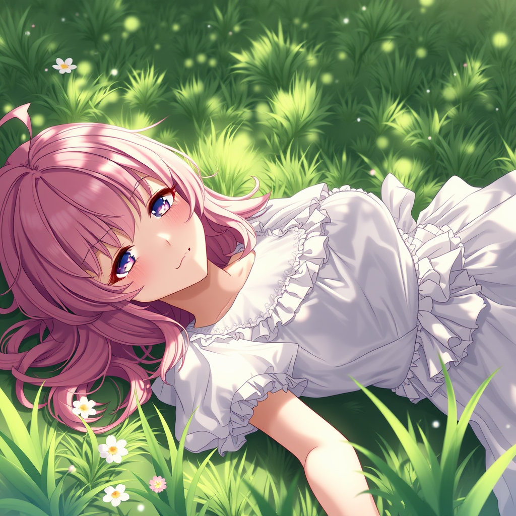 Anime art of a motherly woman, pink hair, frilly dress, detailed scene, stunning details, trending on artstation, laying on the grass, ray-traced environment, anime artwork.