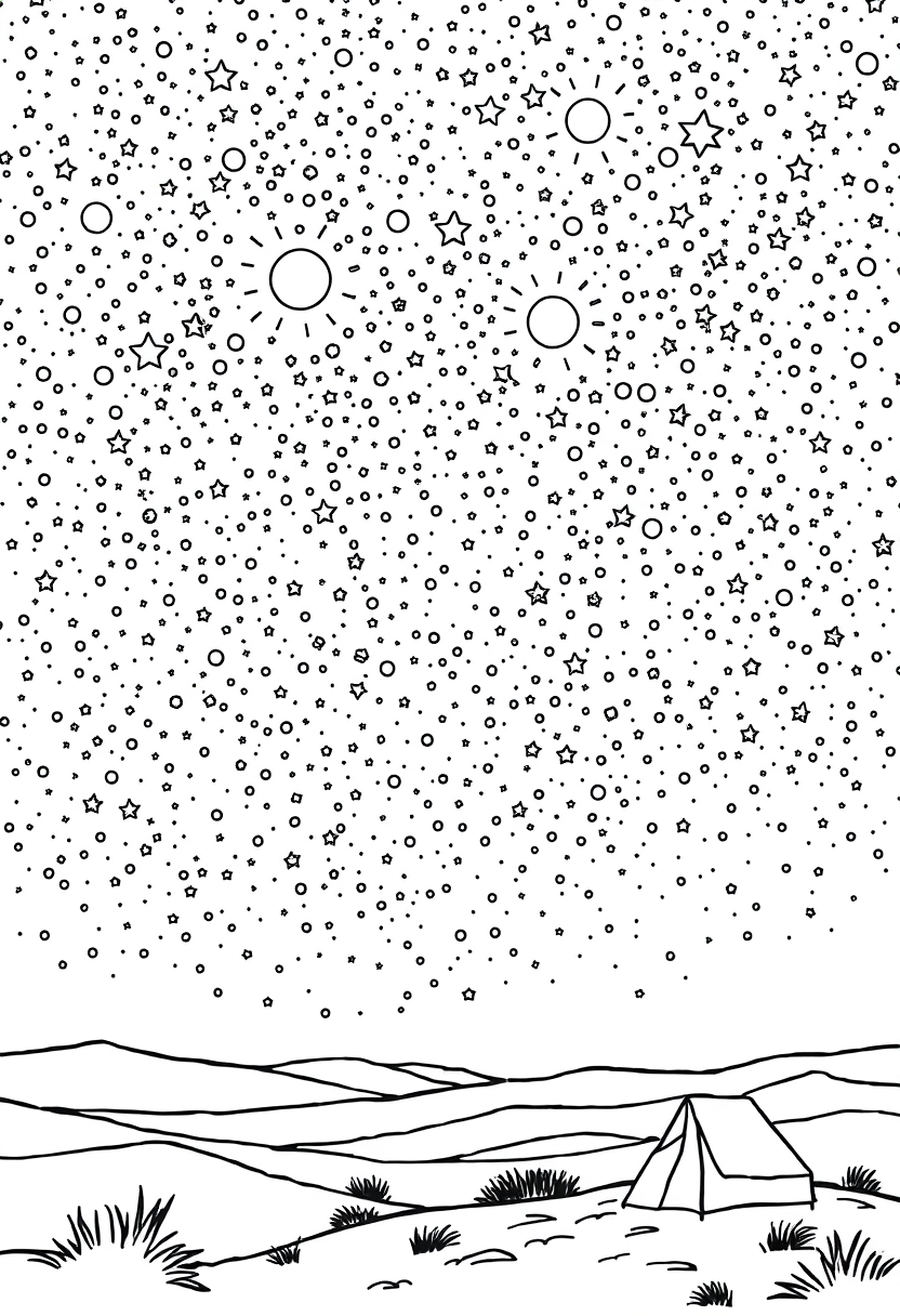 Coloring book page. Line art of Abraham's starry night for coloring: A vast night sky filled with numerous stars of varying sizes. Include silhouettes of desert landscapes and perhaps a small tent in the corner to represent Abraham. Line art vector style, white background, black and white drawing, sharp black lines.