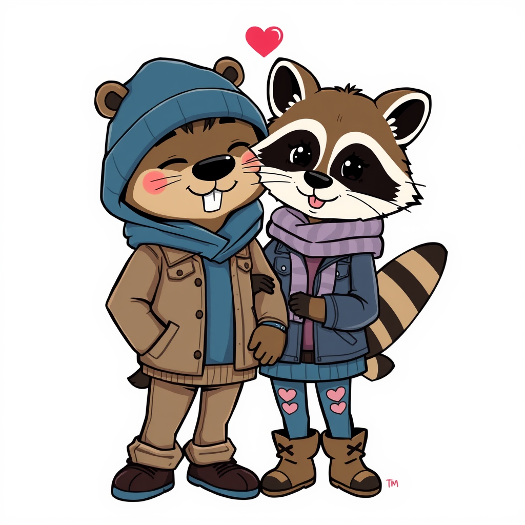 Cartoon guy beaver and girl raccoon, dressed in human clothes, in love. sticker style. - Image