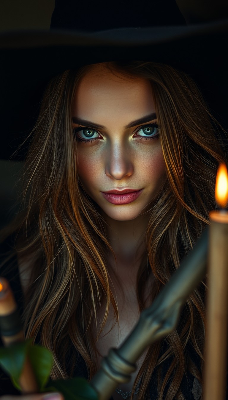 Closeup photo of a beautiful witch in her dark home. - Image