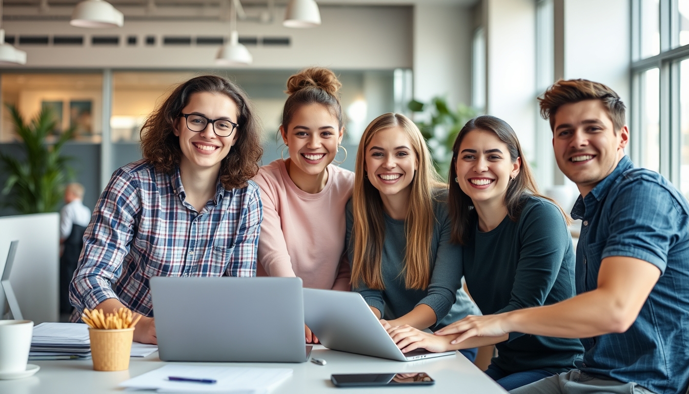 Photo of successful joyful cheerful young people working together in an office workspace indoors.