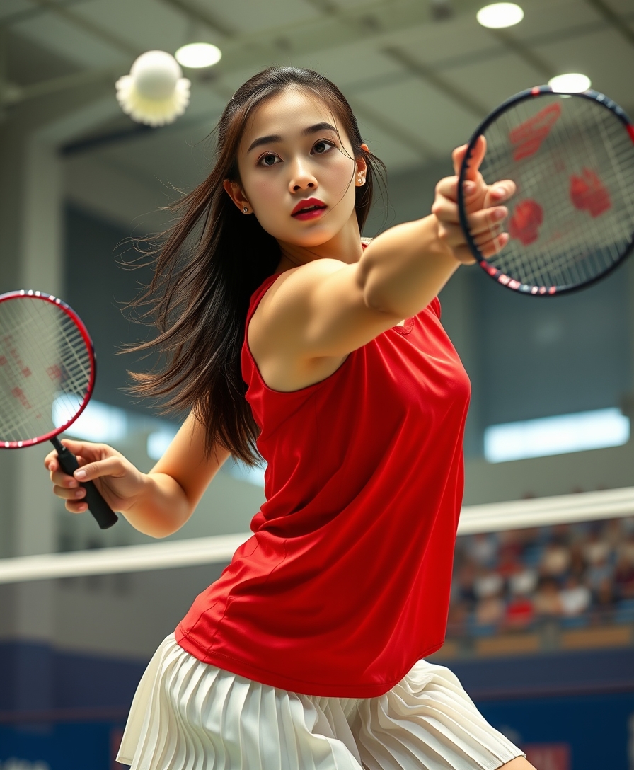 A detailed, realistic portrait of a young woman playing badminton in an indoor sports arena. The woman is wearing a bright red jersey and is mid-swing, her body in a dynamic, athletic pose as she focuses intently on the shuttlecock. The background is blurred, with glimpses of the court, net, and spectator stands visible. The lighting is natural and directional, creating shadows and highlights that accentuate the woman's features and muscular definition. The overall composition conveys a sense of energy, movement, and the intensity of the game. The image is highly detailed, with a photorealistic quality that captures the textures of the woman's clothing, skin, and the badminton equipment. A woman with a beautiful face like a Japanese idol is wearing a white pleated skirt. Badminton rackets and shuttlecocks with dynamic swings and motion blur depict the human body with a flawless personality.