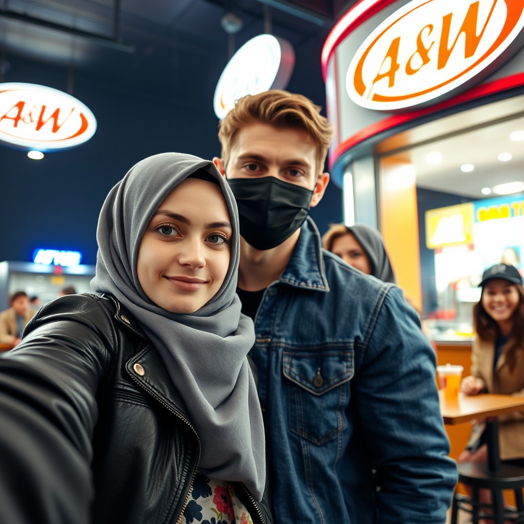 Jamie Dornan's head and body shot, handsome, young, face mask black, blue jeans jacket, jeans, dating love with grey hijab Muslim girl, beautiful eyes, face mask black, black leather jacket, biggest floral skirt, at A&W fast food restaurant, with another 3 friends smiled at back, photorealistic, hyper realistic, street photography, selfie.