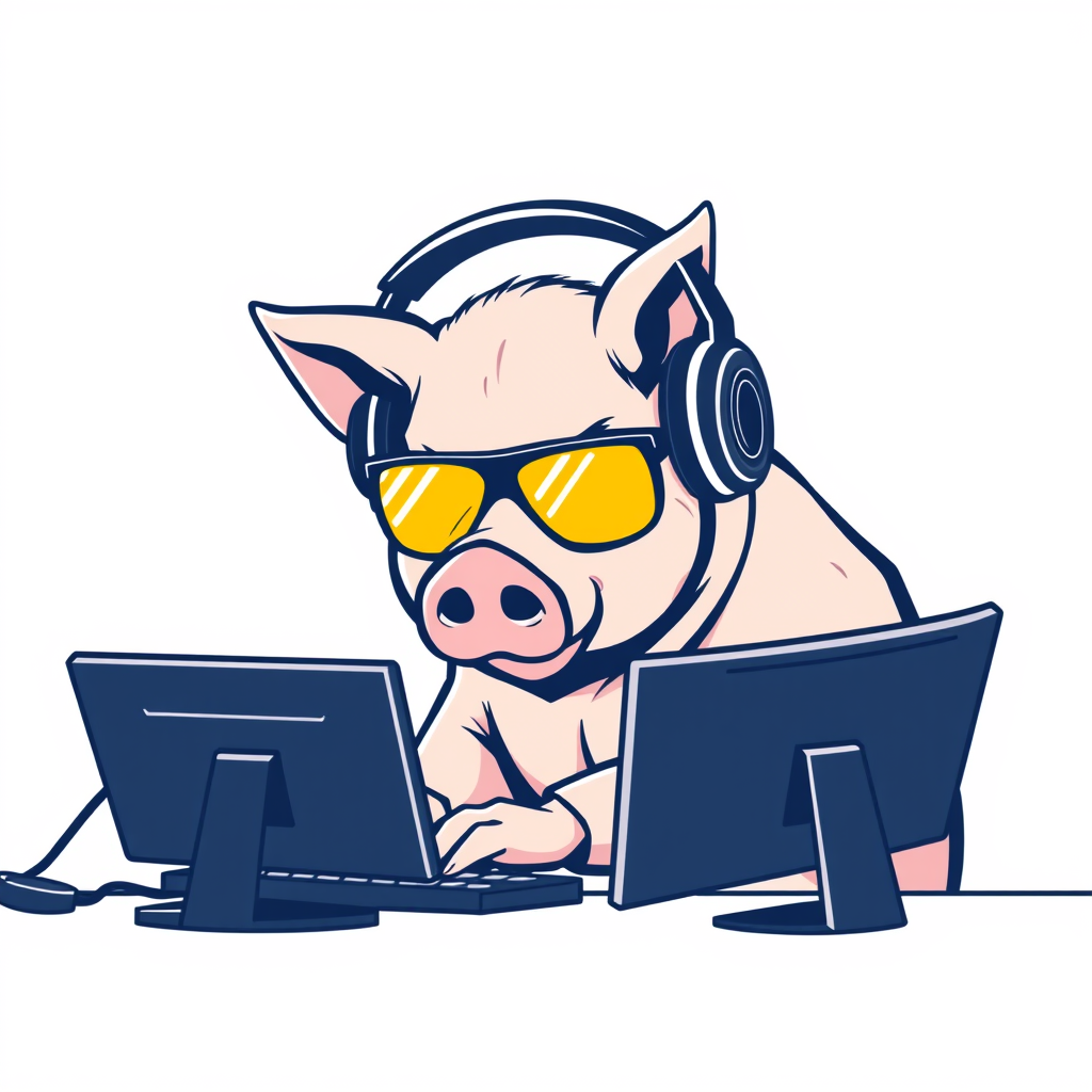 A tech-savvy porcine coder, donning retro yellow-tinted aviators and sleek noise-cancelling headphones, hunches over a cutting-edge curved multi-monitor setup. The anthropomorphic pig exudes focus, typing furiously. Design a minimalist, vector-style logo for Samkemp55, emphasizing clean lines and a futuristic feel. - Image