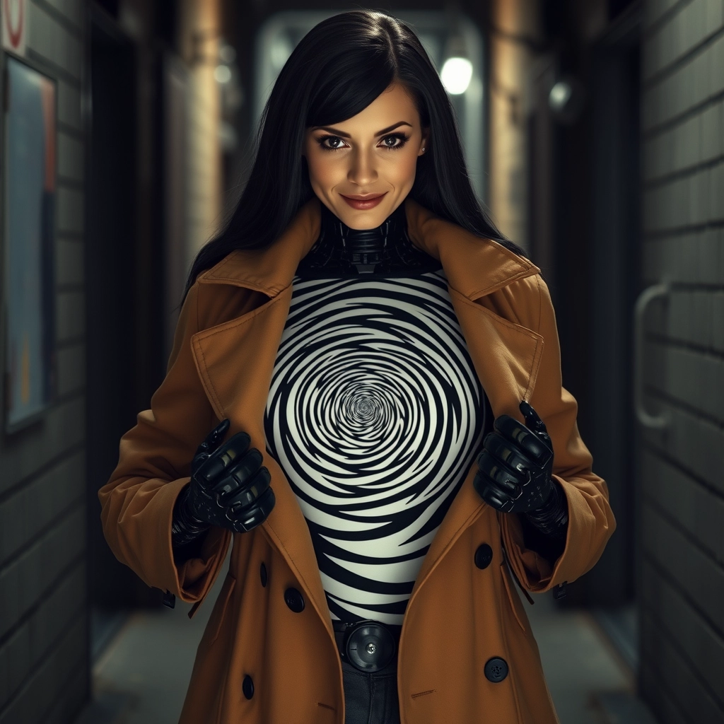 "A deceptive robot that looks like an ordinary woman from the head up, with a realistic human face framed by sleek, dark hair. She wears a long trench coat and is captured in the act of opening it with both hands, revealing her true nature. Inside, instead of a human body, her torso is a massive, spinning black and white hypnotic spiral designed to mesmerize anyone who gazes upon it. The scene is set in a dimly lit alleyway, emphasizing the shocking gesture as she unveils the mesmerizing spiral hidden beneath her coat." She has a wicked smile and looks at the viewer. - Image