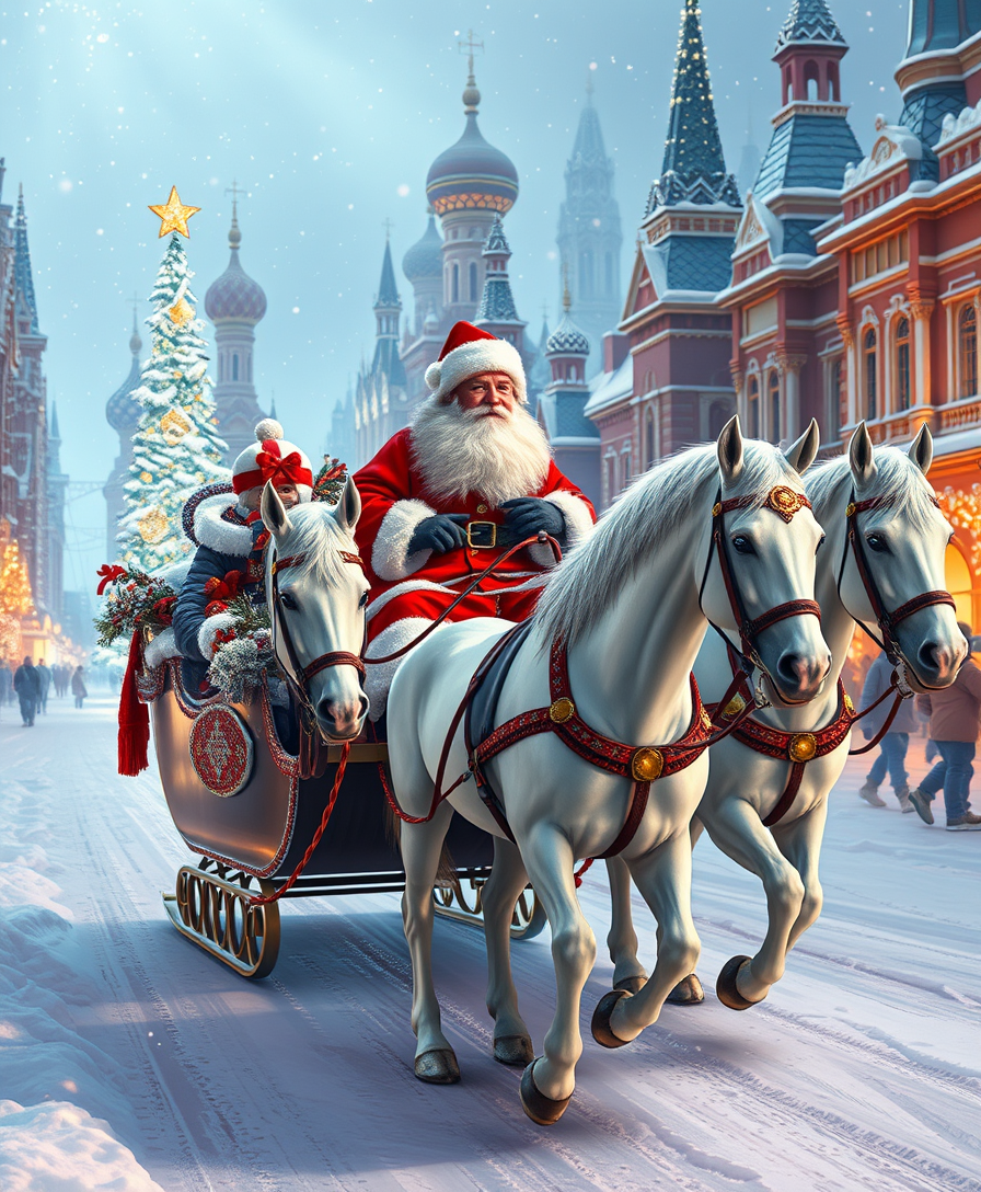 Russian Snow Grandfather rides a festive sleigh, pulled by three white horses through a futuristic Russian city decorated with Christmas lights.