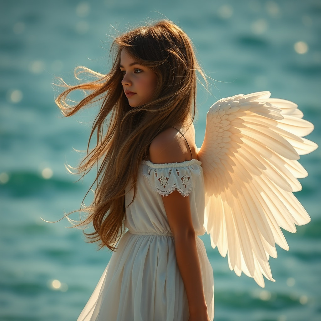 girl angel, wind wave long hair, spread big wings on the back, full body, side view, side lighting, background bokeh, Super realistic, film look, Emerald Beach - Image