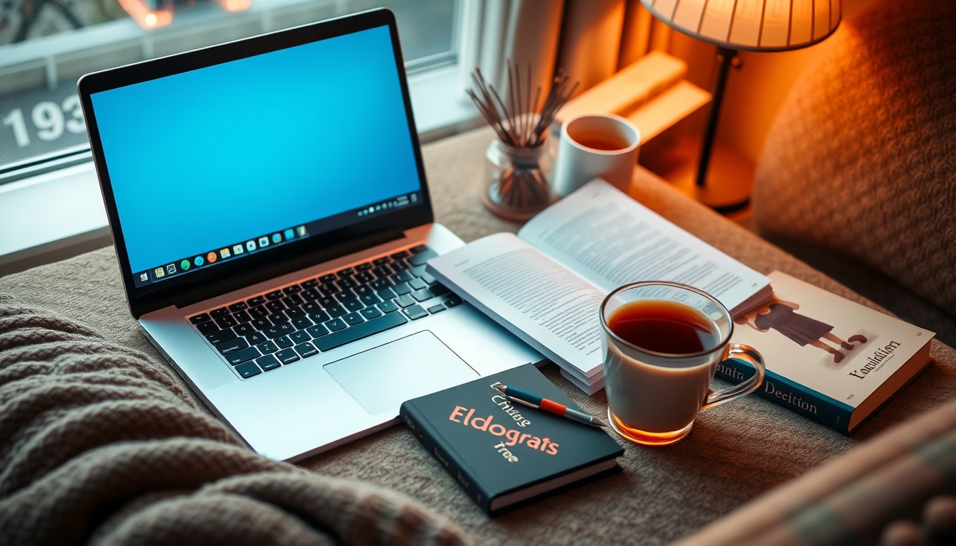 A cozy home study setup with a laptop, textbooks, and a cup of tea, emphasizing the comfort and flexibility of online education.