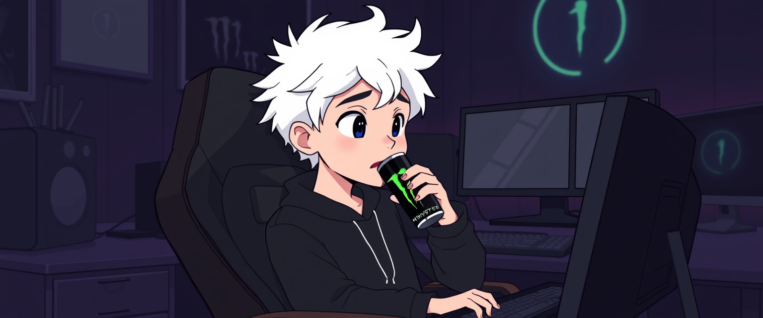 "Animated black gamer room with a boy with white hair and a black sweatshirt sitting in a gamer chair while drinking a Monster energy and watching his 2 monitors with the screens off."