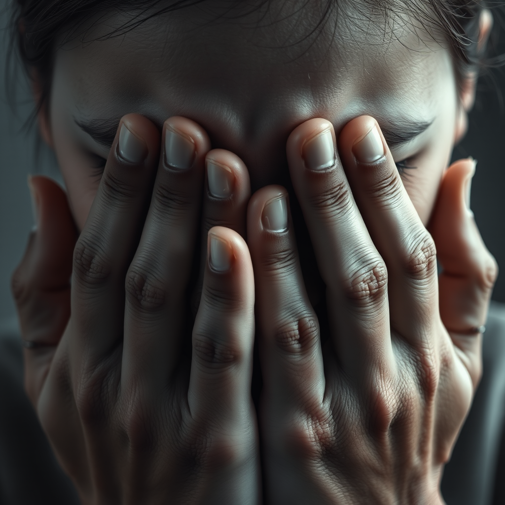 Realistic close-up portrait of a sorrowful woman covering her face with both hands, her fingers slightly tense, tears visible between her fingers, soft diffused lighting that gently illuminates her hands and the outline of her face, 4K ultra-high definition, monochromatic color palette with subtle variations of grey and pale skin tones to emphasize the somber mood, Canon EOS R5, 85mm, f2.0, shallow depth of field with a blurred background to maintain focus on her emotional expression. - Image