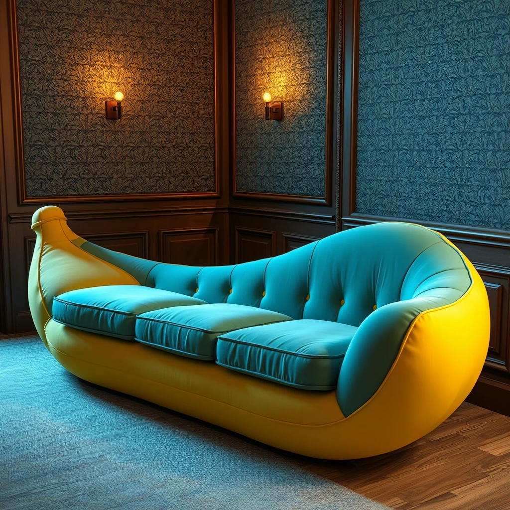 Photorealistic picture of a sofa in the shape of a banana, continental setting. - Image