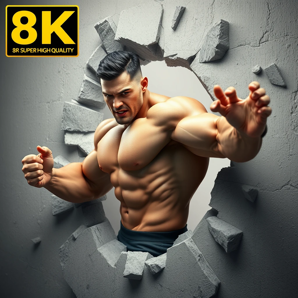 8k super high quality 3d image of a muscular man smashing through a wall destroying it. - Image