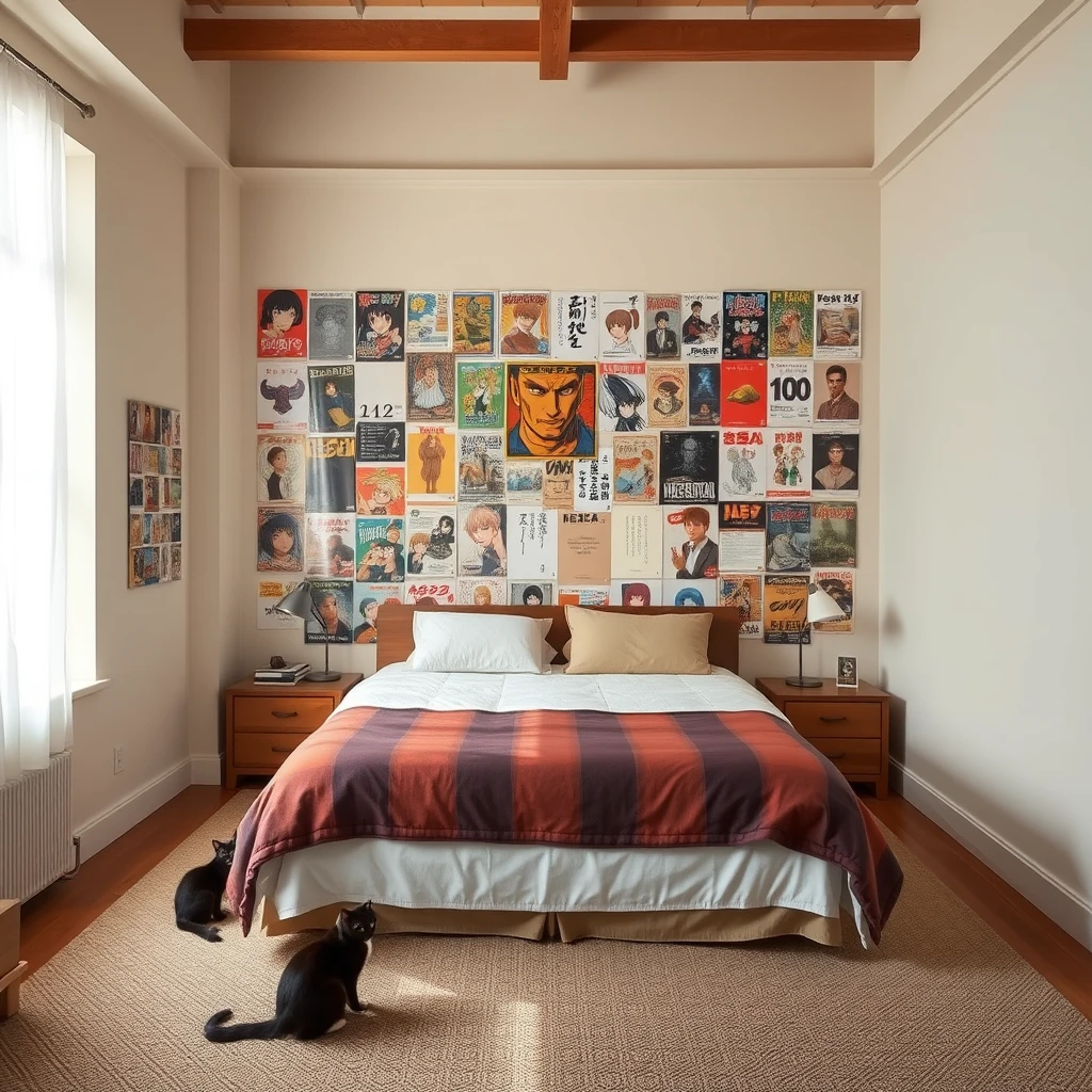 In a very large room, there is a big bed, and one wall of the room is covered with many posters of Japanese manga, while the other walls are bare. There are two cats in the room. - Image