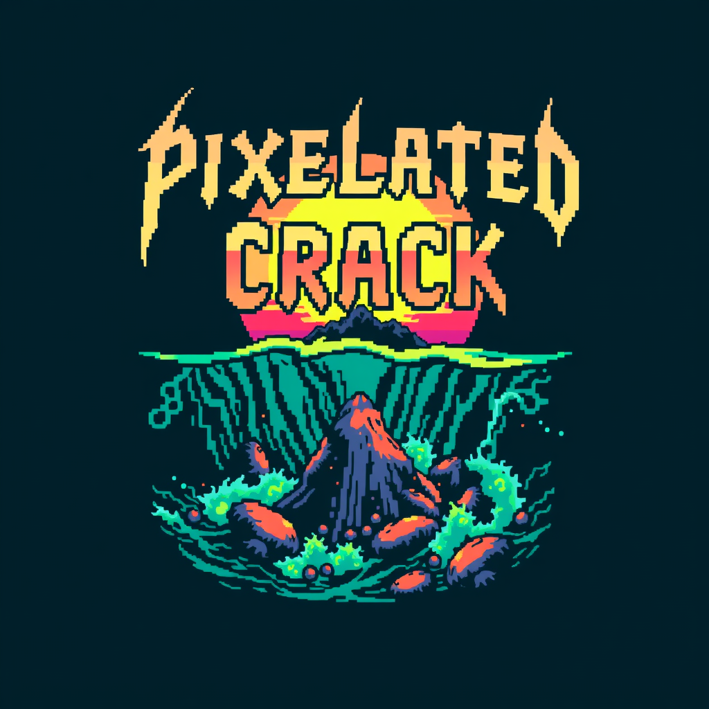 T-shirt design with a blocky colorful 8-bit style of death metal blended with chiptune. The visual should be unique and striking, yet macabre blended with beauty, and the band name is "Pixelated Crack," featuring a scene inspired by the deep sea.