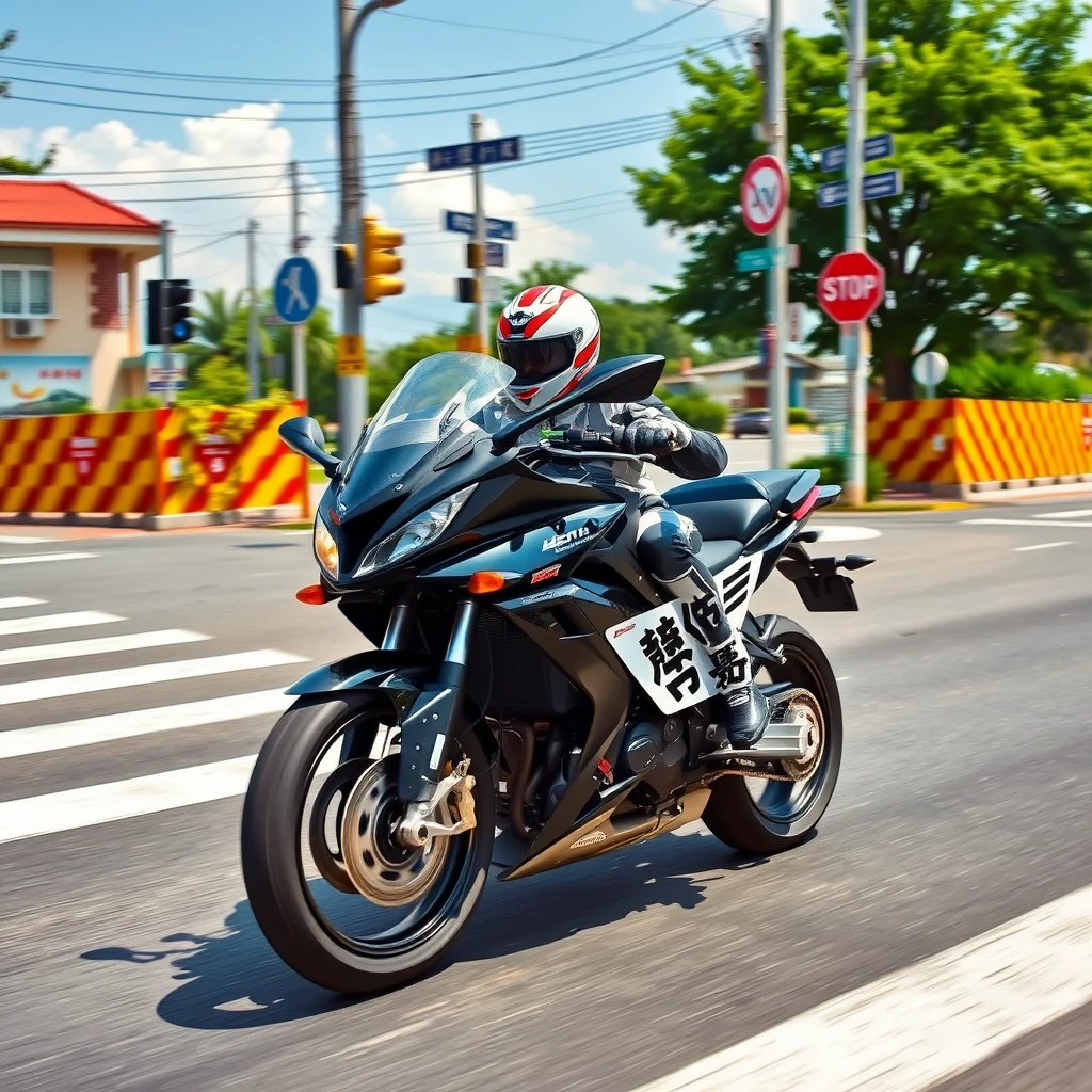 At the crossroads, someone is riding a huge motorcycle, going very fast, with Chinese characters or Japanese. - Image