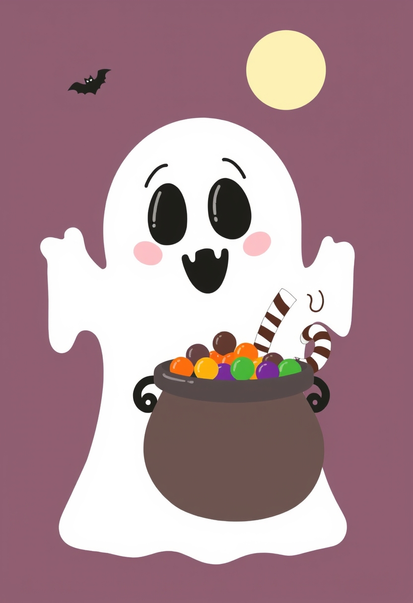 Spooky Halloween Ghost and Candy Cauldron - Image