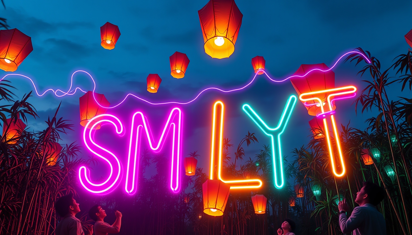 Neon art style: At dusk, a group releases traditional Vietnamese lanterns in a bamboo grove. The lanterns' light trails intertwine to form "SMLYT" in the sky. The letters are rendered in vibrant neon colors, each one a different hue. They appear to be made of glowing tubes bent into complex shapes, with electrical currents visibly pulsing through them. The neon letters reflect off the lanterns and the characters' faces, creating a dazzling light show.