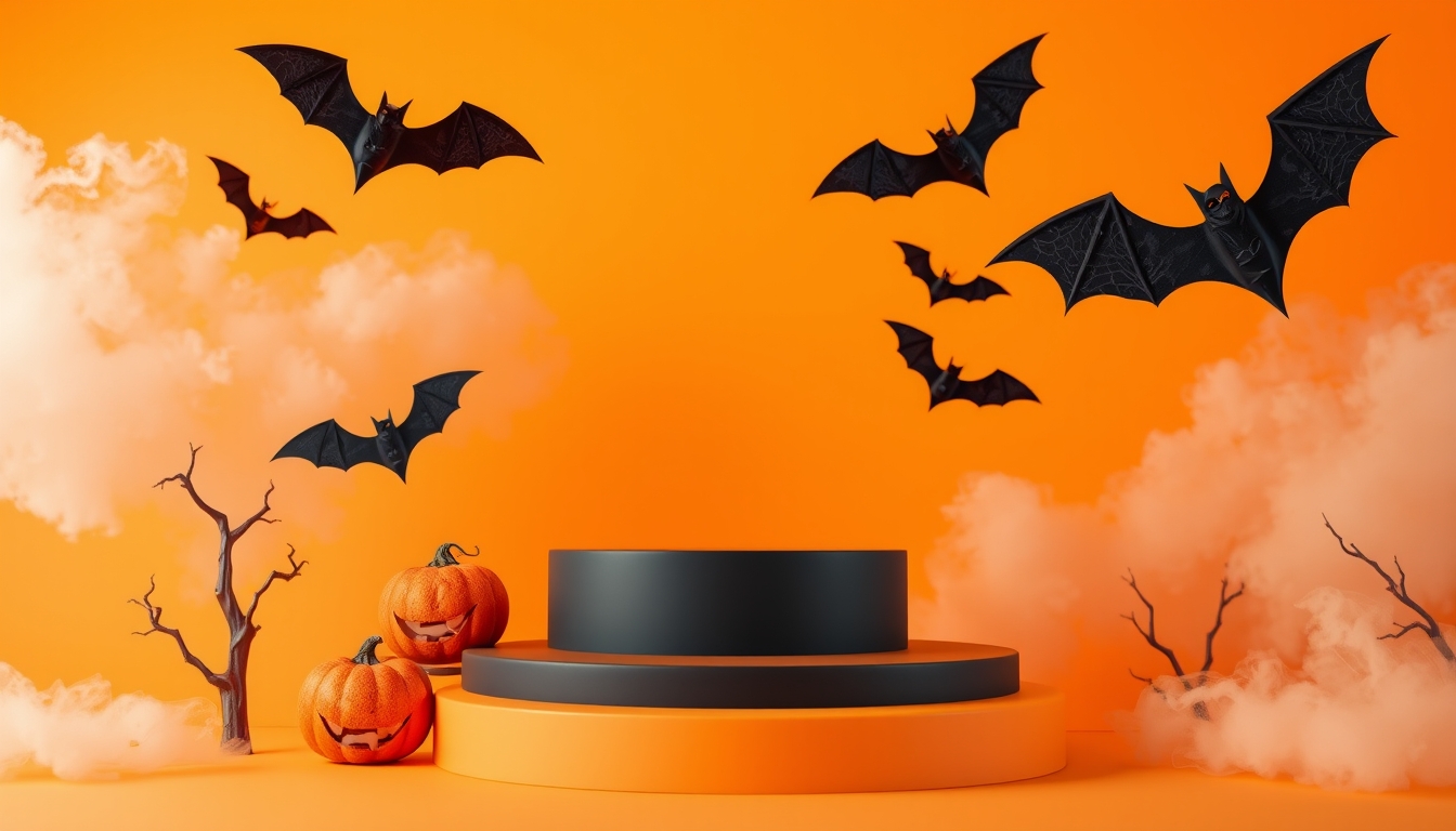 Creative Halloween composition with bats, podium and orange background. Suitable for Product Display and Business Concept.