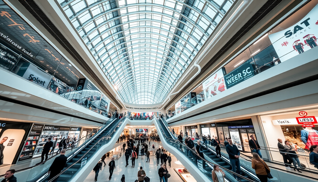 A futuristic shopping mall with glass ceilings and escalators, filled with shoppers.