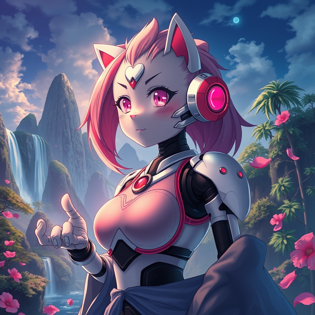 1 girl, android, blush, breasts, colored skin, furry, furry female, grey skin, humanoid robot, joints, large breasts, pink eyes, robot, robot joints, solo, synth (vader-san), score 9, score 8 up, score 7 up, score 6 up, realistic, detailed background, atmospheric lighting, sky islands, waterfall, trees, tropical, blue sky, flower petals BREAK countershading, holding out hand, kimono, looking aside, cinematic angle.